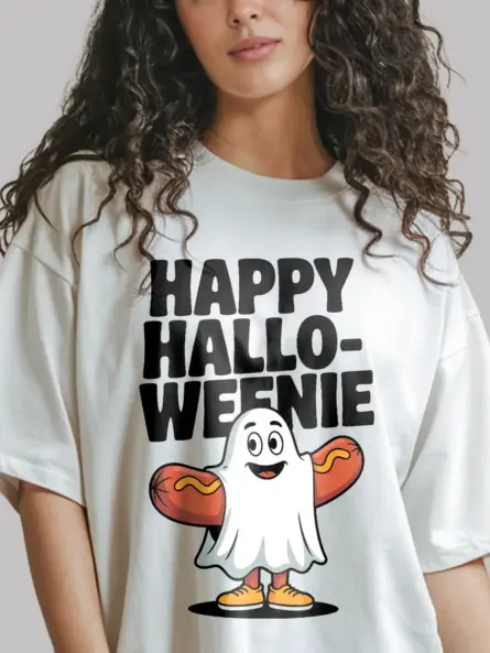 Front View: white Happy Halloweenie Shirt – Happy Halloweenie T-Shirt