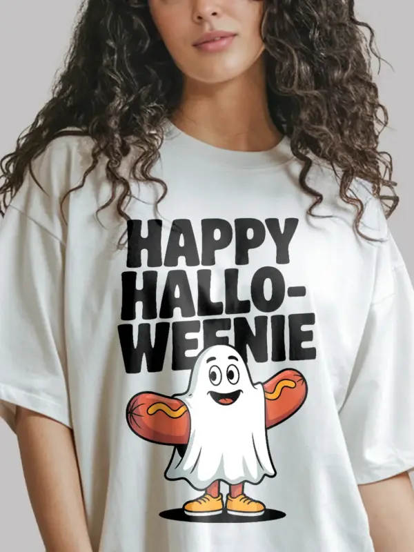 Front View: white Happy Halloweenie Shirt – Happy Halloweenie T-Shirt