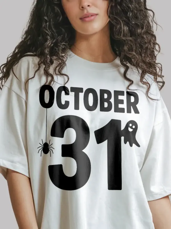 white front view – october 31 shirt with ghost and spider Halloween design