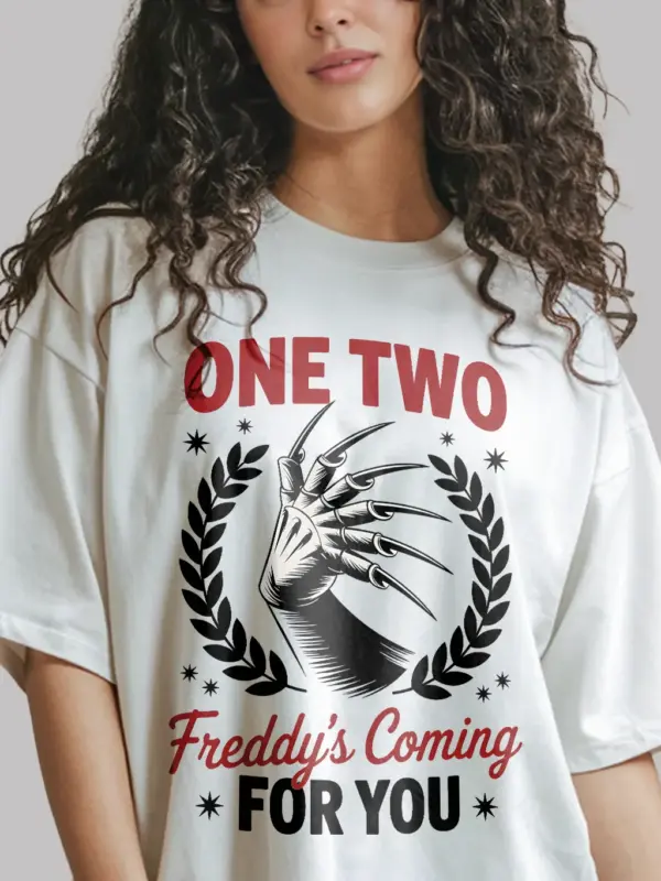 white shirt front view – one two freddy's coming for you shirt with Freddy glove design