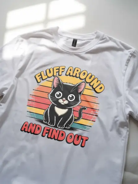 white fluff around vintage funny cat shirt for women