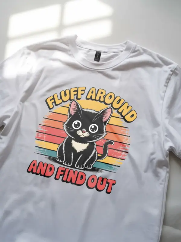 white fluff around vintage funny cat shirt for women