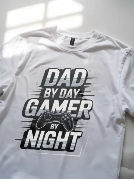 white Lifestyle shot of royal blue Father’s Day gamer shirt