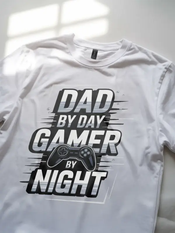 white Lifestyle shot of royal blue Father’s Day gamer shirt