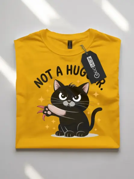 yellow shirt with snarky black cat design