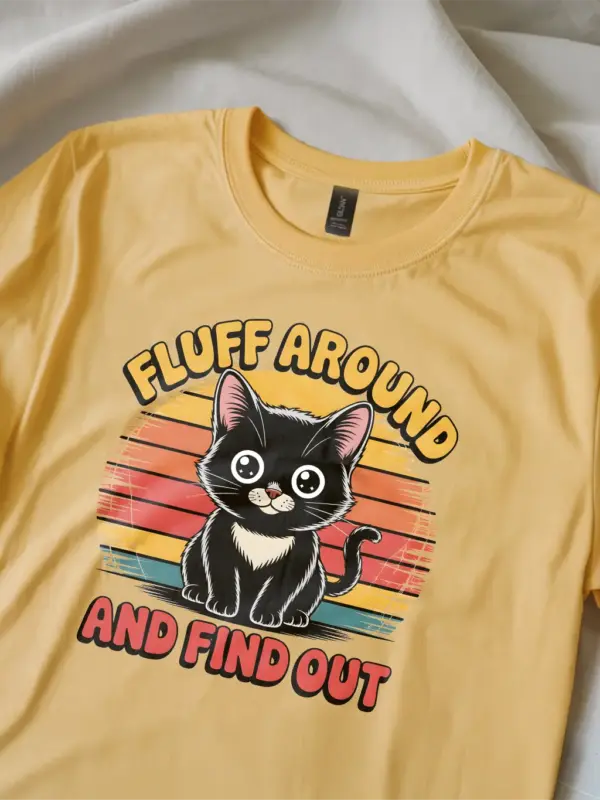 yellow fluff around vintage funny cat shirt for women