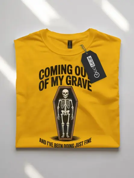 yellow flatlay Shirt Front View – Coming Out of My Grave – funny skeleton coffin t-shirt