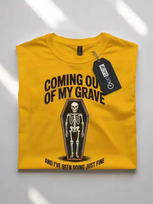 yellow flatlay Shirt Front View – Coming Out of My Grave – funny skeleton coffin t-shirt