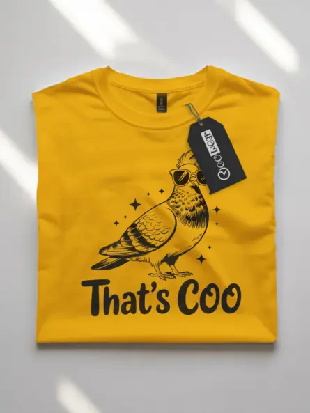 yellow flatlay That’s Coo pigeon design – funny pigeon t-shirt