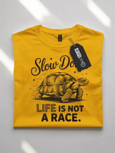 yellow front view – Slow Down Life Is Not a Race – mindfulness turtle t-shirt