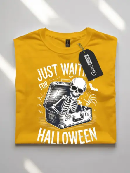 yellow flatlay front view – Just Waiting for Halloween spooky skeleton waiting for Halloween t-shirt