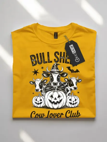 yellow flatlay front view – Cow Lover Club bull sheet cow Halloween shirt yellow flatlay