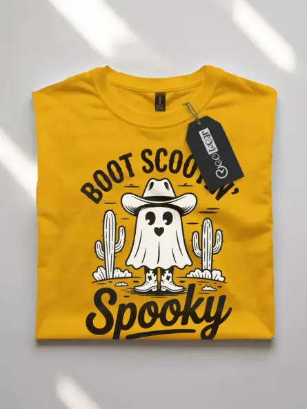 yellow front view – Boot Scootin Spooky cowboy ghost Halloween shirt white