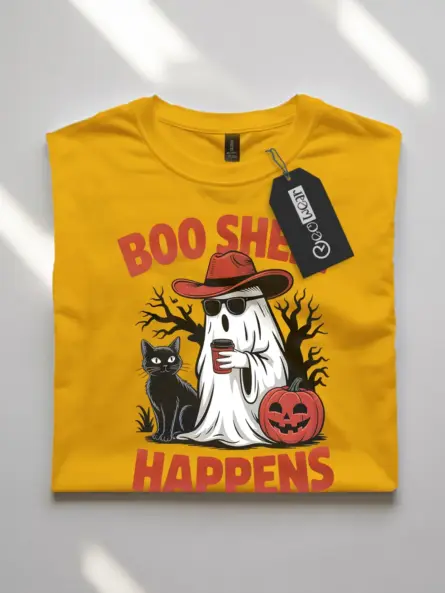 yellow flatlay front view – Boo Sheet Happens cowboy ghost Halloween shirt