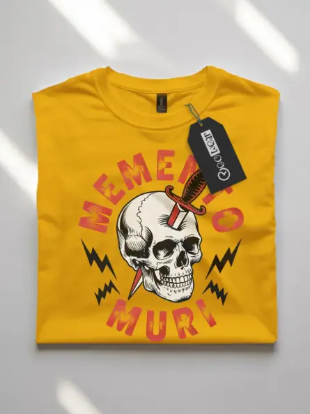 yellow flatlay Front view Memento Muri memento mori skull t-shirt – dark humor stoic tee