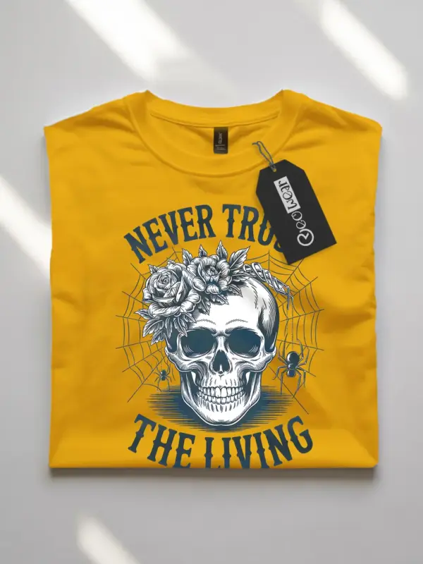 yellow flatlay lifestyle – vintage gothic floral tee – gothic skull floral t-shirt