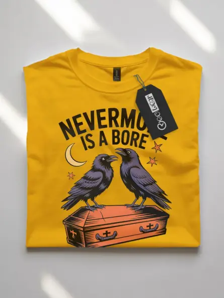 yellow flatlay lifestyle view – Poe inspired coffin art – gothic raven literary pun t-shirt