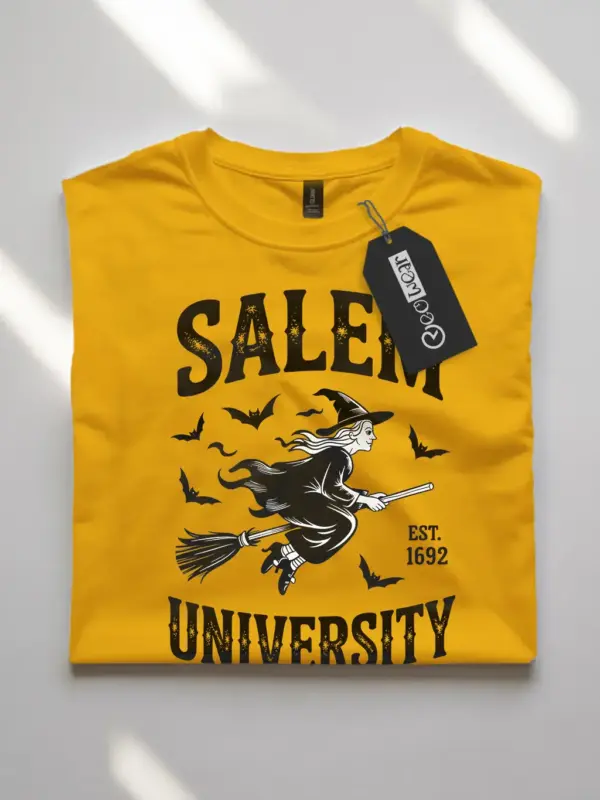 yellow flatlay Shirt Spellbinding Vintage Salem University Witch T-Shirt vintage Salem University witch t-shirt