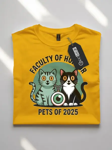 yellow flatlay shirt front – horror cat mascot logo – cartoon horror cat shirt