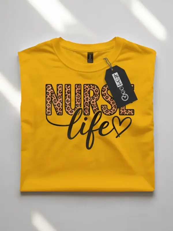 Front view of yellow nurse life t-shirt with leopard print nurse text