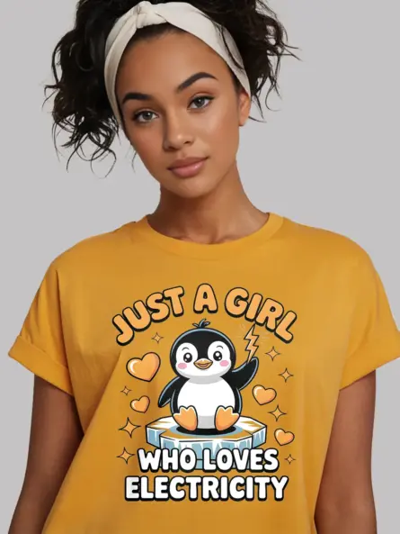 STEM Girl Electricity T-Shirt – Kawaii Penguin Design - Image 3