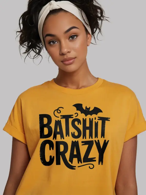 yellow front view – Halloween bat graphic batshit crazy t-shirt