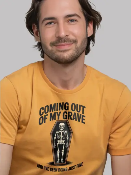 yellow Shirt Lifestyle Shot – Coming Out of My Grave – funny skeleton coffin t-shirt