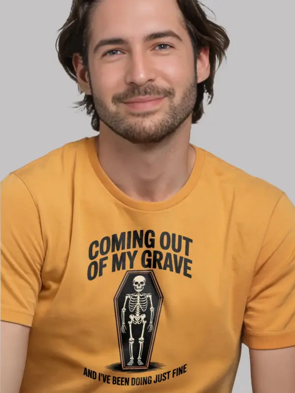 yellow Shirt Lifestyle Shot – Coming Out of My Grave – funny skeleton coffin t-shirt