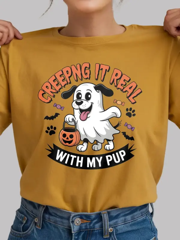 yellow Creeping It Real Dog Halloween T-Shirt family-friendly