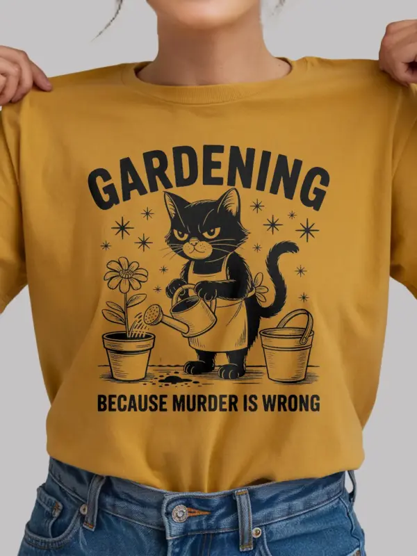 yellow lifestyle image gardening because murder is wrong funny gardening cat shirt