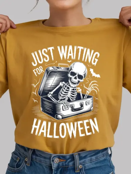 lifestyle – yellow spooky skeleton waiting for Halloween t-shirt worn casually