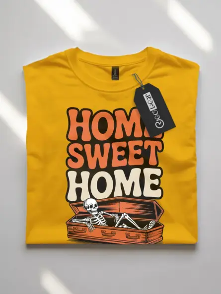 yellow front view – Home Sweet Home design coffin skeleton homebody t-shirt yellow