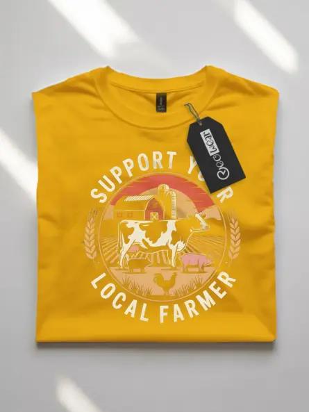 yellow Shirt Lifestyle Shot - Barn and Cow Design - support your local farmer t-shirt