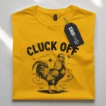 yellowFront view of black cluck off chicken shirt with vintage rooster design