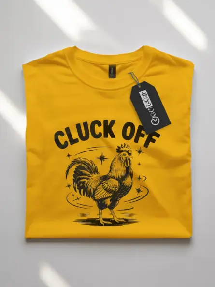 yellowFront view of black cluck off chicken shirt with vintage rooster design