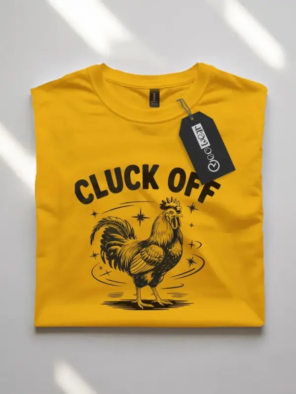 yellowFront view of black cluck off chicken shirt with vintage rooster design