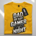 yellow Lifestyle photo of black gamer dad shirt for new dads