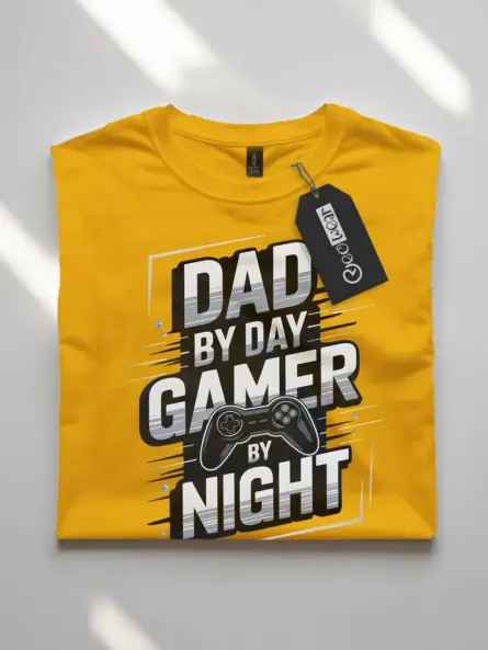 yellow Lifestyle photo of black gamer dad shirt for new dads
