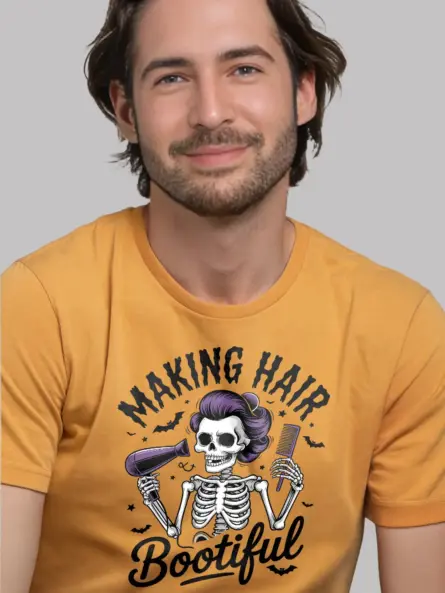 yellow skeleton with blow dryer Halloween shirt for stylists