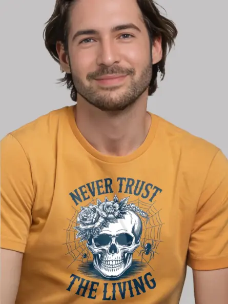 yellow front view – retro skull and roses graphic – gothic skull floral t-shirt