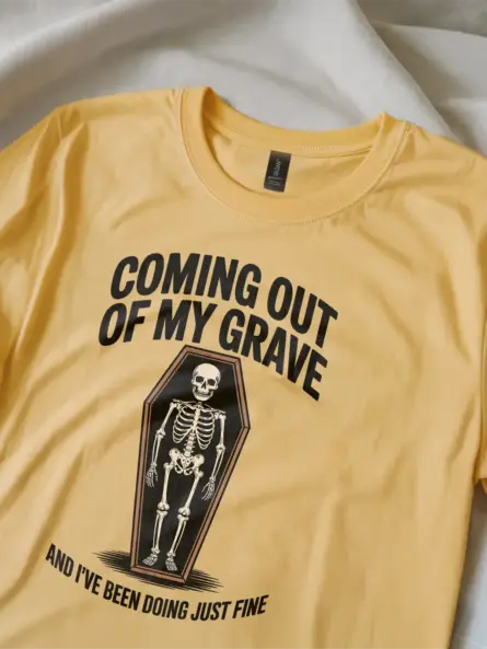 yellow Shirt – Coming Out of My Grave – funny skeleton coffin t-shirt