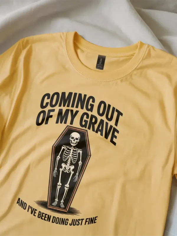yellow Shirt – Coming Out of My Grave – funny skeleton coffin t-shirt