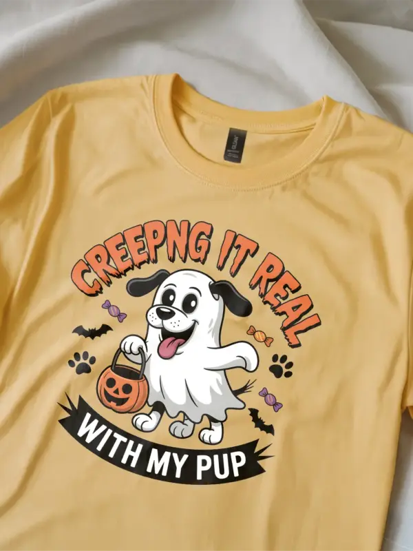 yellow Lifestyle shot Creeping It Real Dog Halloween T-Shirt trick or treat