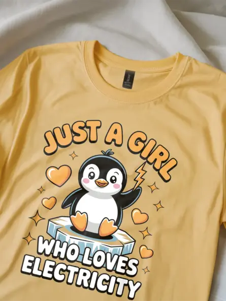 STEM Girl Electricity T-Shirt – Kawaii Penguin Design - Image 2