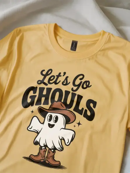 side – retro western ghost Halloween t-shirt in yellow