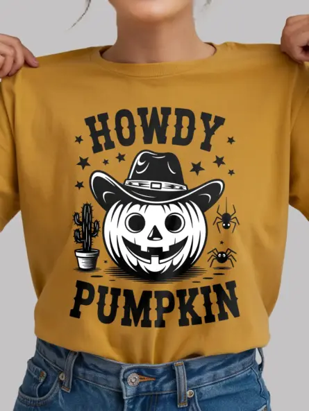 yellow front view – Howdy Pumpkin cowboy pumpkin Halloween shirt yellow
