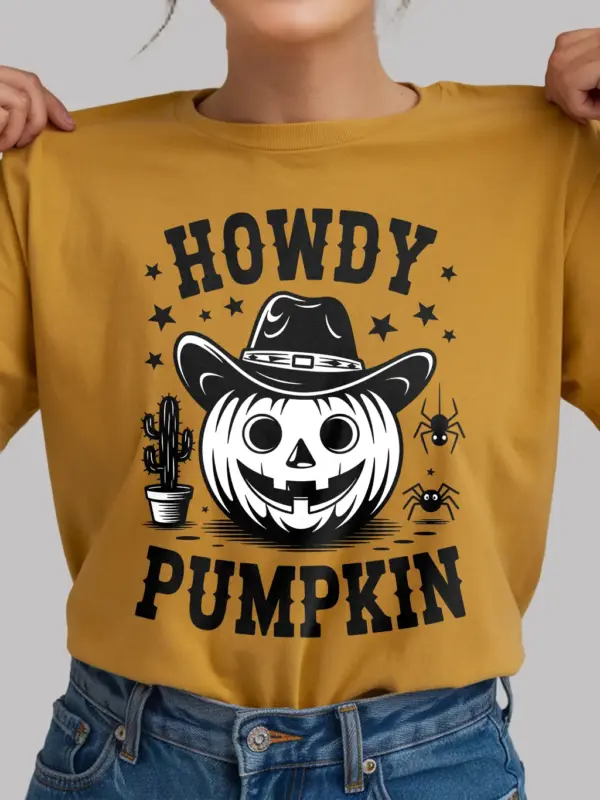 yellow front view – Howdy Pumpkin cowboy pumpkin Halloween shirt yellow
