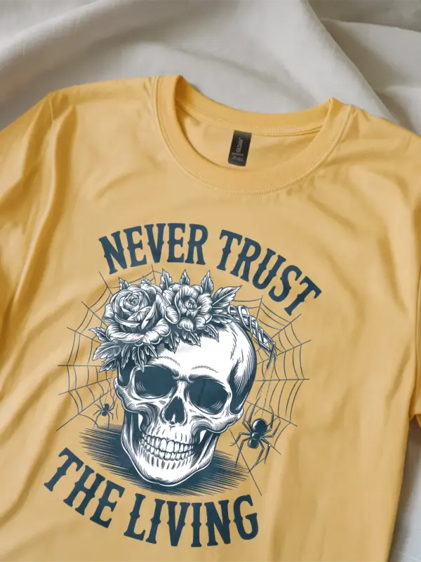 yellow folded – horror skull shirt with flowers – gothic skull floral t-shirt