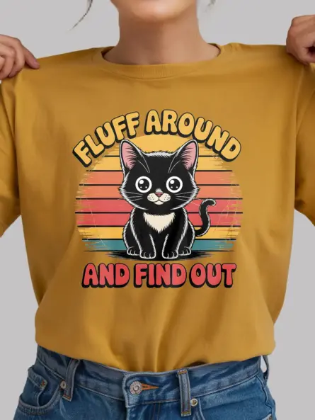 yellow front view fluff around vintage funny cat shirt for women