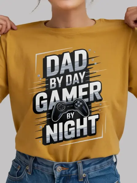 yellow dad by day gamer by night shirt for fathers